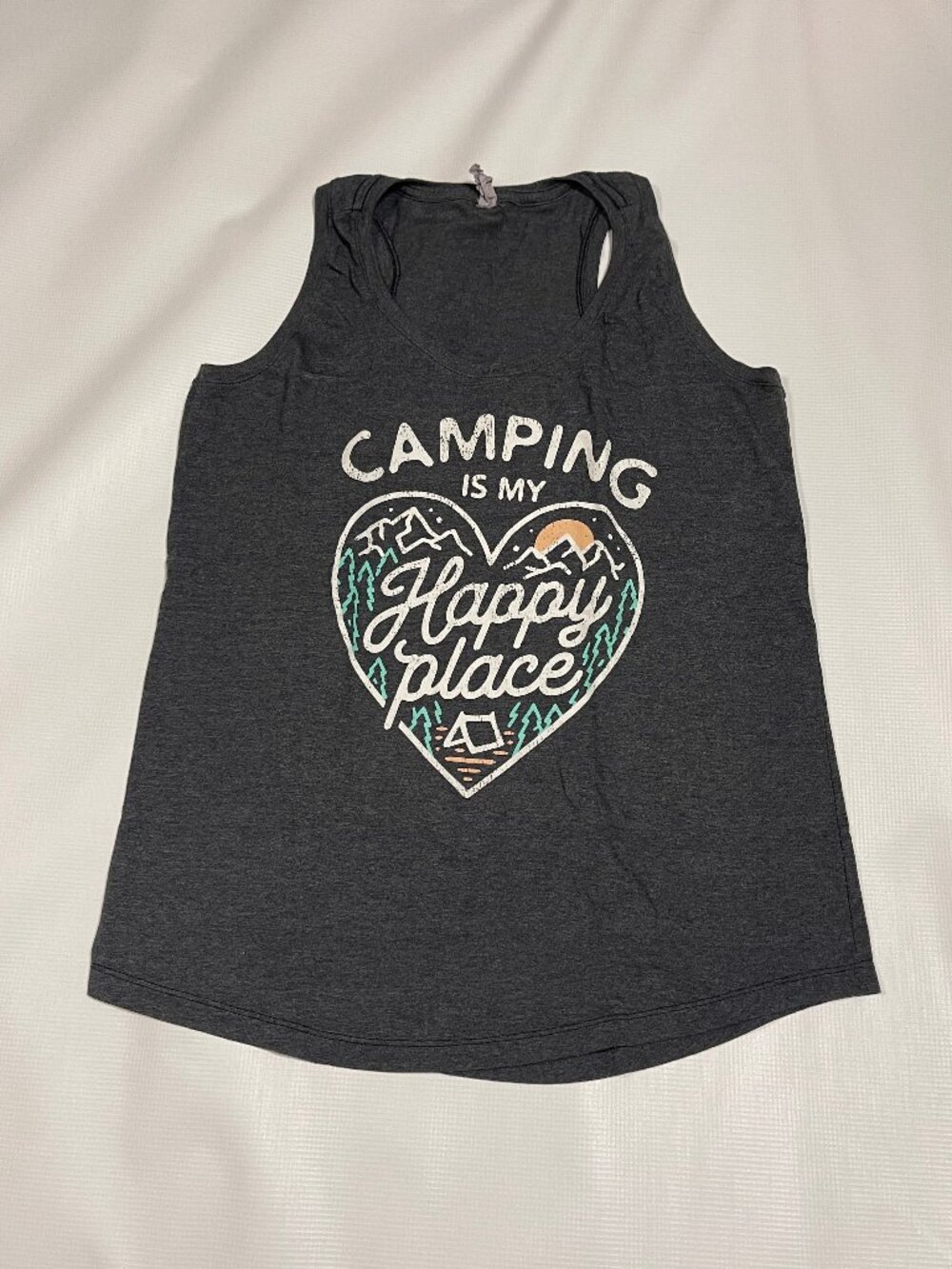 "Camping Is My Happy Place" Graphic Racerback Tank Top, Heathered Charcoal, Size